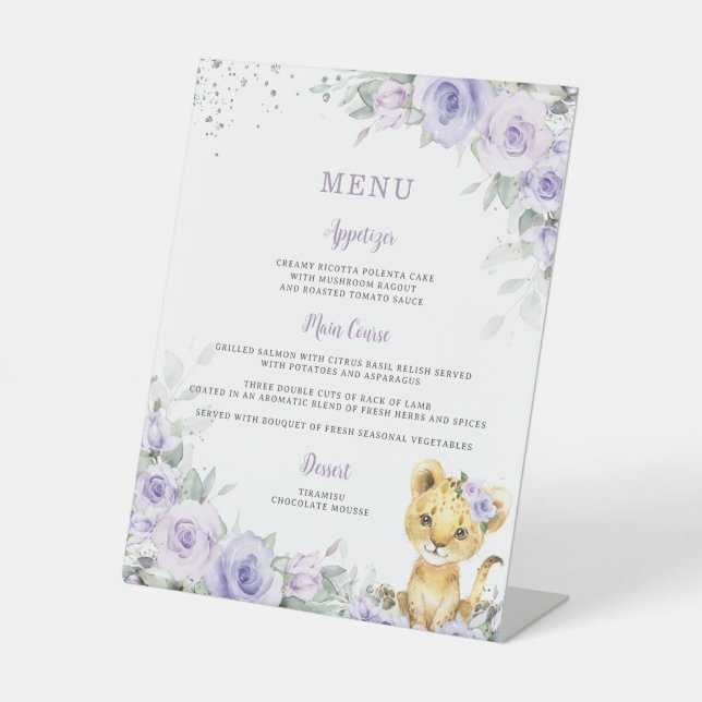 Purple Lavender Floral Cute Lion Baby Shower Menu Pedestal Sign (Front)