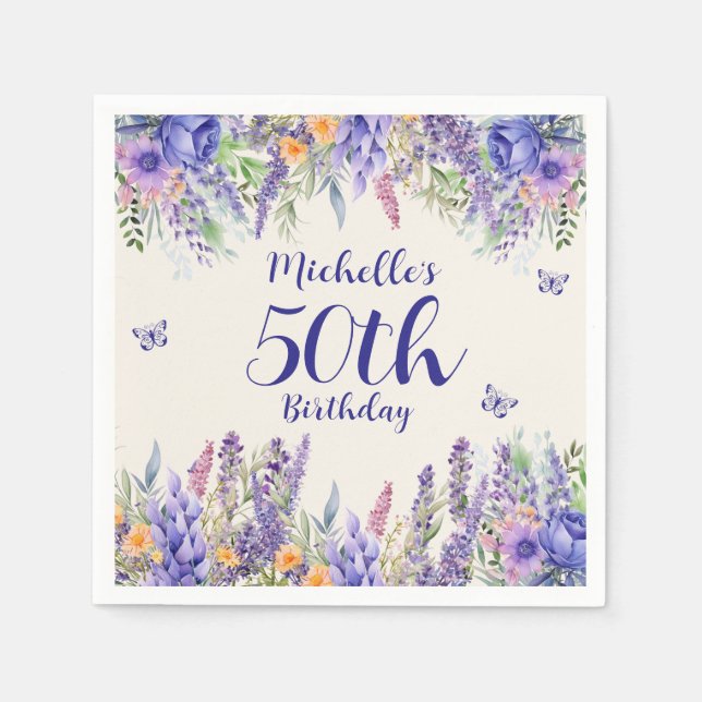 Purple Lavender Floral Garden Party 50th Birthday Napkin (Front)