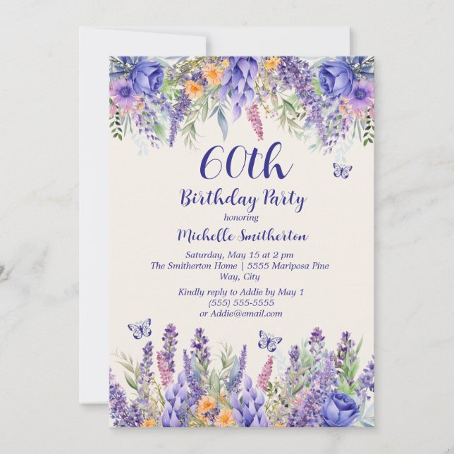 Purple Lavender Floral Garden Party 60th Birthday Invitation (Front)