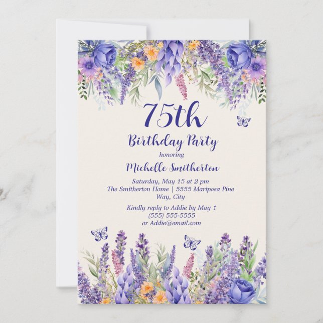 Purple Lavender Floral Garden Party 75th Birthday Invitation (Front)