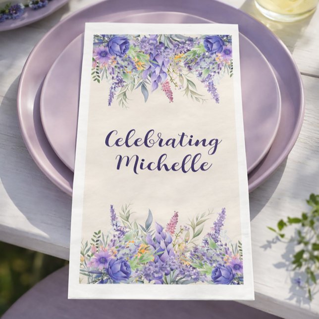 Purple Lavender Floral Garden Party Name Napkin (Host a birthday garden party!)