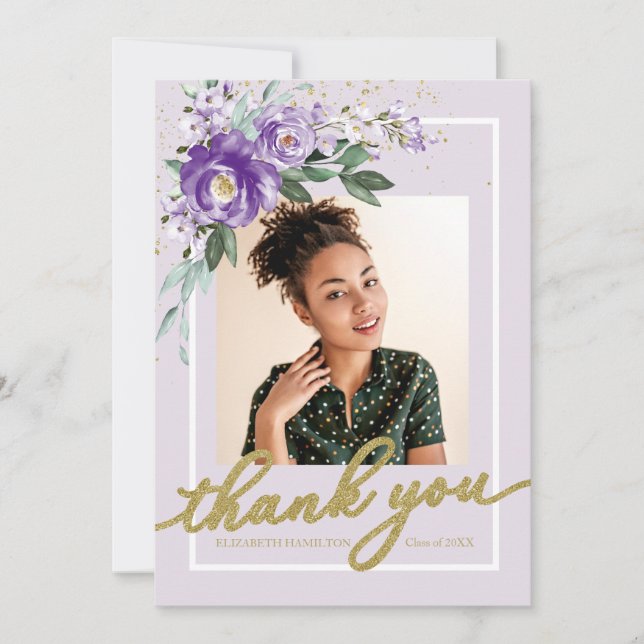 Purple Lavender Floral Graduation Photo Thank You (Front)