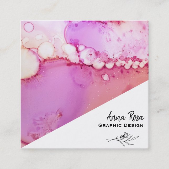 *~* Purple Lavender Floral Marble Abstract Square Business Card (Front)