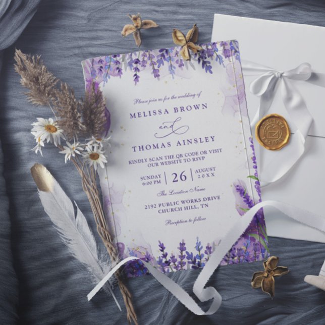 Purple Lavender Floral Modern QR Code Wedding Invitation (Creator Uploaded)