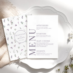 Purple lavender floral pattern wedding menu cards