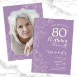 Purple Lavender Floral Photo 80th Birthday Party Invitation<br><div class="desc">Purple lavender floral 80th Birthday party invitation with your photo at the back of the card. Elegant modern design featuring botanical outline drawings accents and typography script font. Simple trendy invite card perfect for a stylish female bday celebration. Can be customised to any age. Printed Zazzle invitations or instant download...</div>