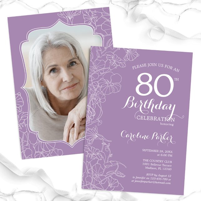 Purple Lavender Floral Photo 80th Birthday Party Invitation (Creator Uploaded)