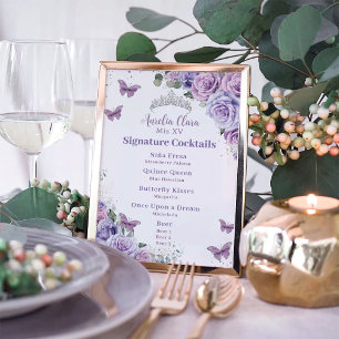Purple Lavender Floral Quinceanera Bar Drink Menu Poster