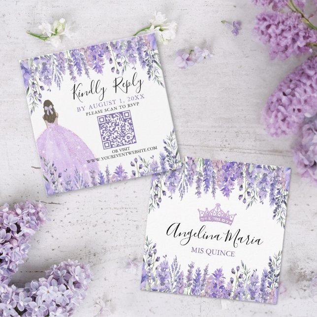 Purple Lavender Floral Quinceanera QR Code RSVP Enclosure Card (Purple Lavender Floral Quinceanera QR Code RSVP Enclosure Card)