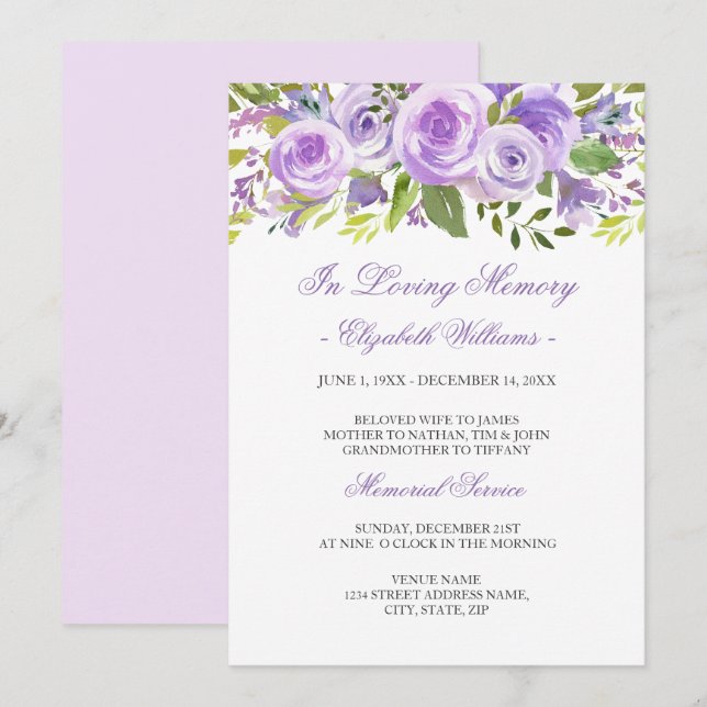 Purple Lavender Floral Rose Memorial Service Invitation (Front/Back)