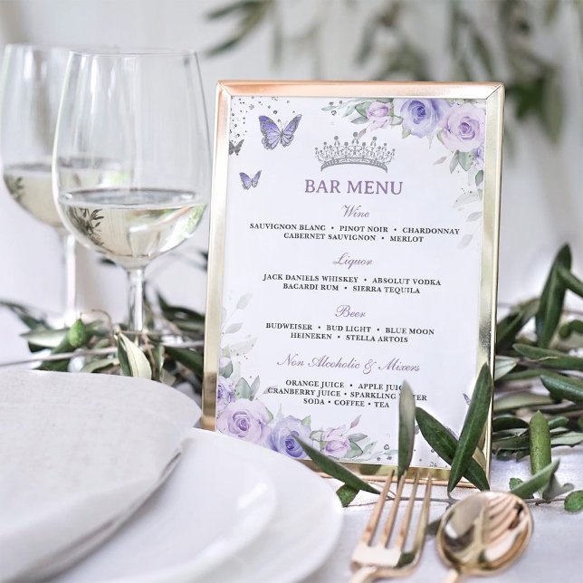 Purple Lavender Floral Silver Quinceañera Bar Menu Poster (Creator Uploaded)