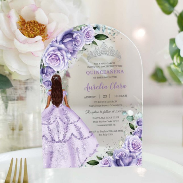 Purple Lavender Floral Silver Quinceañera Sweet 16 Acrylic Invitations (Creator Uploaded)