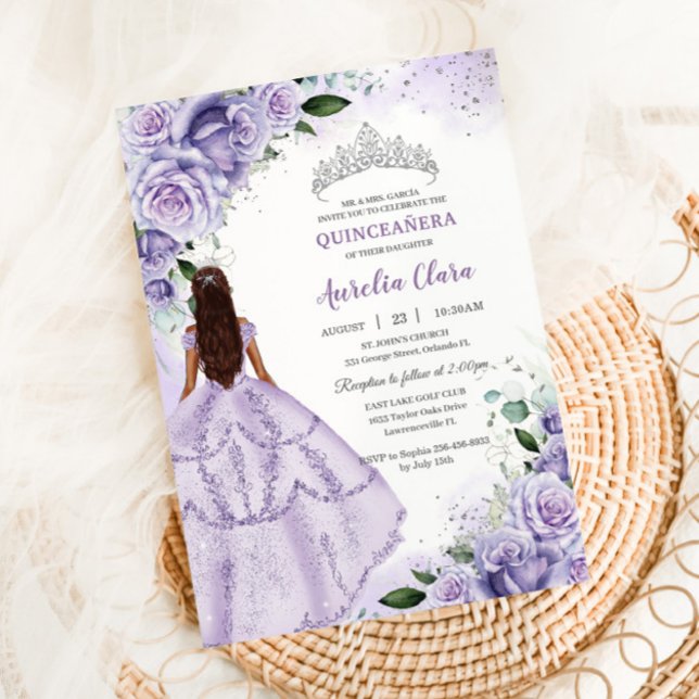 Purple Lavender Floral Silver Quinceañera Sweet 16 Invitation (lavender-lilac-purple-floral-quinceanera-princess-dress-silver-15-sweet-16-birthday-invitation-card)