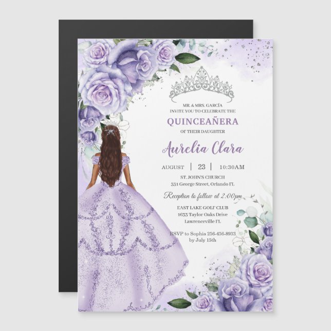 Purple Lavender Floral Silver Quinceañera Sweet 16 Magnetic Invitation (Front/Back)