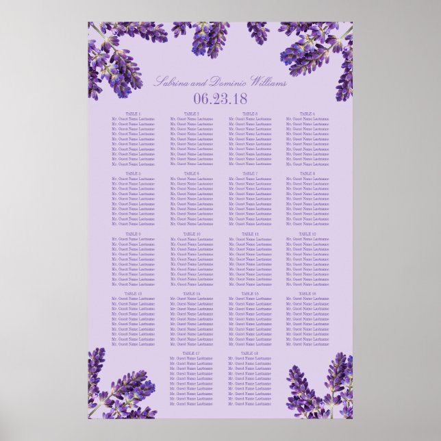 Purple Lavender Floral Sprigs Wedding Seating Poster (Front)