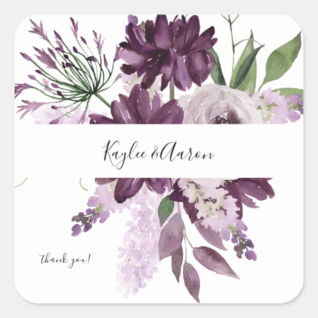 Purple & Lavender Floral Thank You Square Sticker (Front)