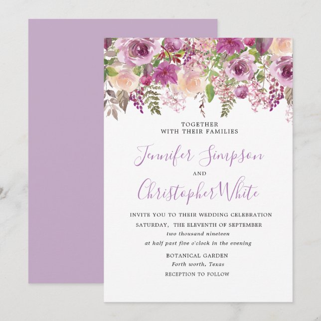 Purple lavender Floral Violet Wedding Invitation (Front/Back)