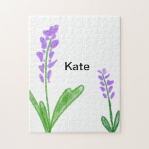 Purple lavender floral watercolor add name text cu jigsaw puzzle