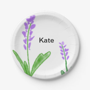 Purple lavender floral watercolor add name text cu paper plate