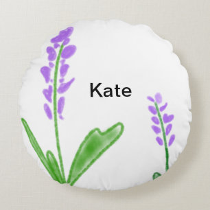 Purple lavender floral watercolor add name text cu round cushion