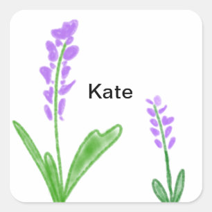 Purple lavender floral watercolor add name text cu square sticker