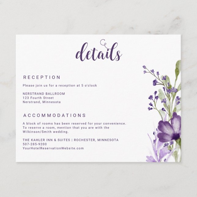 Purple Lavender Floral Wedding Details Enclosure Card (Front)
