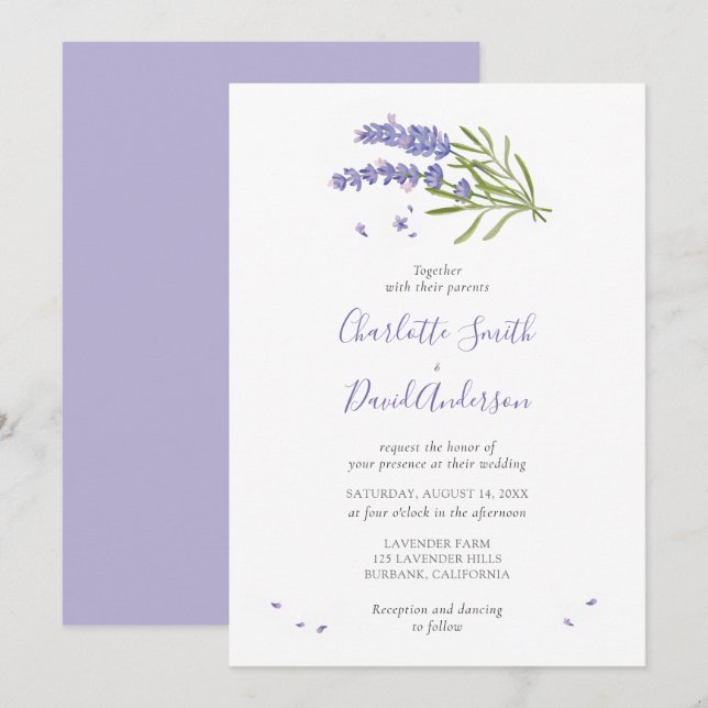 Purple Lavender Floral Wedding Invitation (Front/Back)