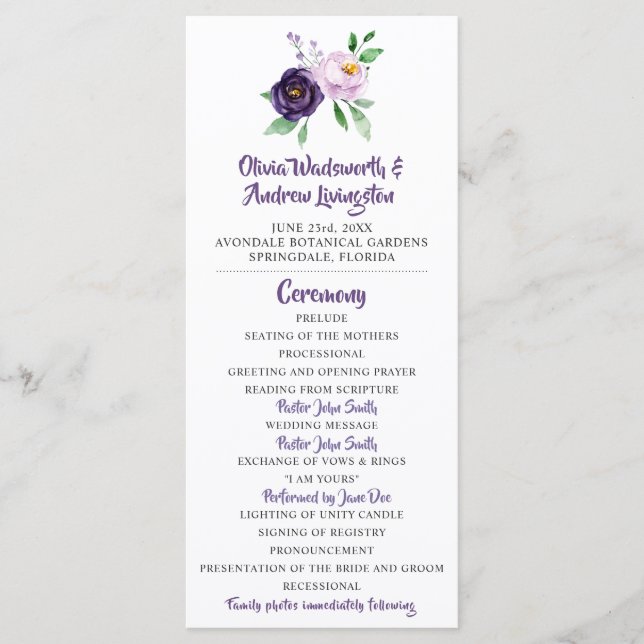 Purple & Lavender Floral Wedding Program Programme (Front)