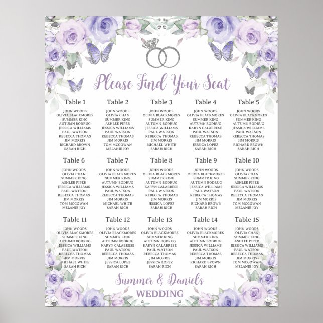 Purple Lavender Floral Wedding Rings Seating Chart (Front)