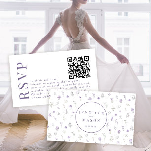 Purple lavender floral wedding RSVP QR code cards
