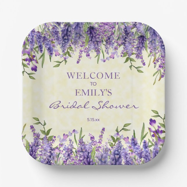 Purple Lavender Floral Yellow Bridal Shower Paper Plate (Front)