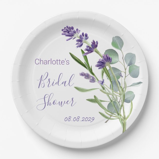Purple Lavender Flowers Eucalyptus Foliage Paper Plate (Front)