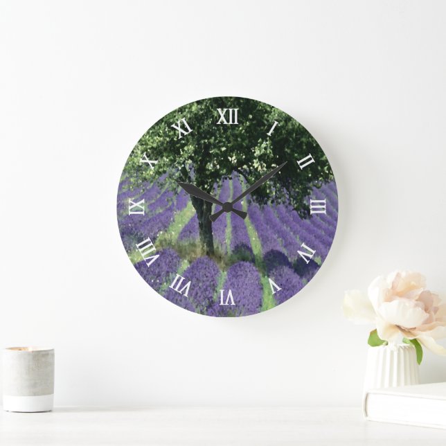 Purple Lavender Flowers Olive Trees Art Painting Large Clock (Home)