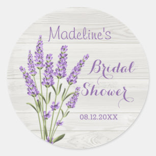 Purple lavender flowers on wood Bridal Shower  Classic Round Sticker