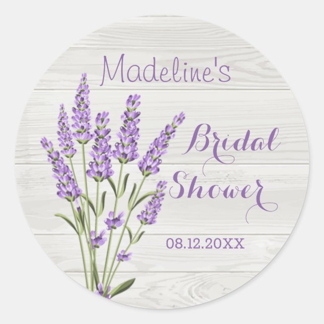 Purple lavender flowers on wood Bridal Shower  Classic Round Sticker (Front)