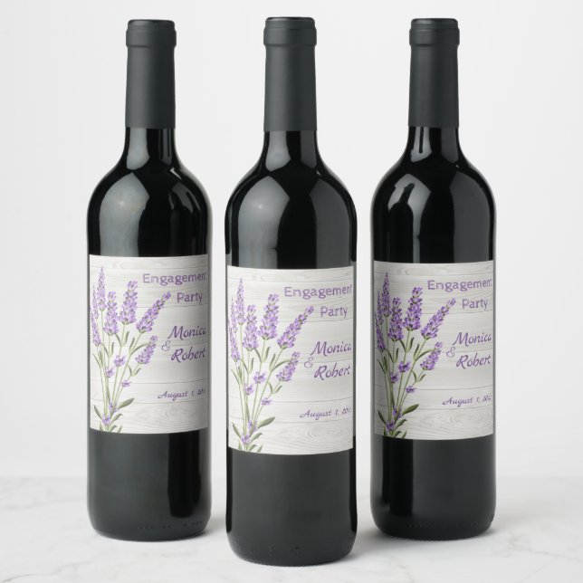 Purple lavender flowers on wood Engagement party Wine Label (Bottles)