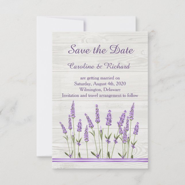 Purple lavender flowers on wood  Save the Date (Front)