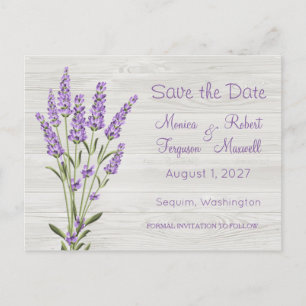 Purple lavender flowers on wood Save the Date Postcard