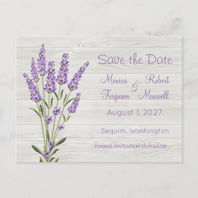 Purple lavender flowers on wood Save the Date Postcard (Front)
