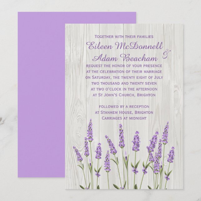 Purple lavender flowers on wood Wedding Invitation (Front/Back)