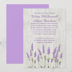 Purple lavender flowers on wood Wedding Invitation