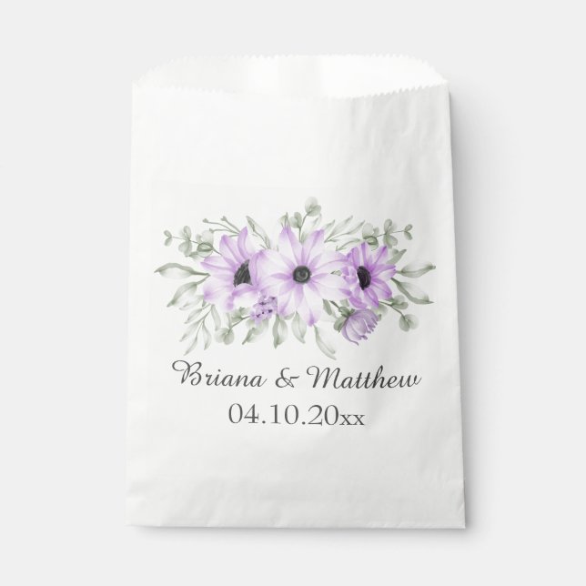 Purple Lavender Flowers Script Wedding Favour Bags (Front)