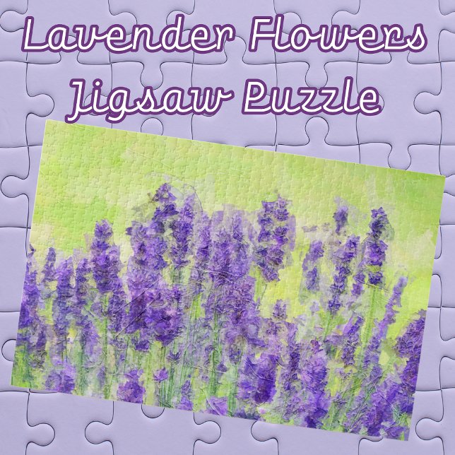 Purple Lavender Flowers Watercolor Floral Jigsaw Puzzle (Lavender Flowers in a field Impressionist art Jigsaw Puzzle. Fun for family game night.)