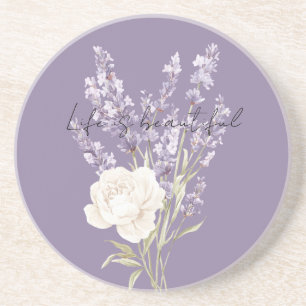 Purple Lavender Flowers White Rose Coaster