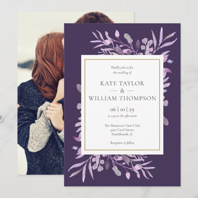 Purple Lavender Foliage Elegant Gold Photo Wedding Invitation (Front/Back)