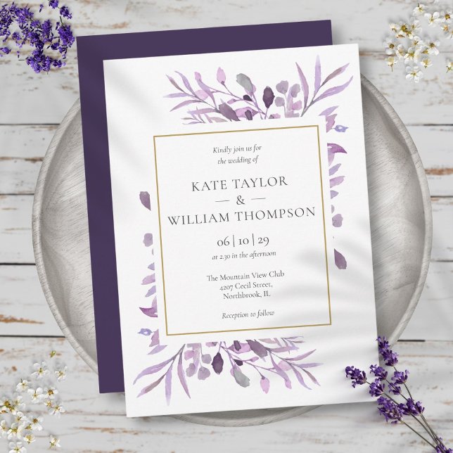 Purple Lavender Foliage Elegant Gold Wedding Invitation (Purple Lavender Foliage Elegant Gold Wedding Invitation)