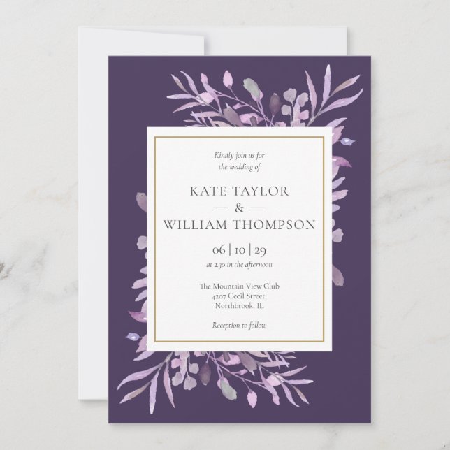 Purple Lavender Foliage Gold Geometric Wedding Invitation (Front)
