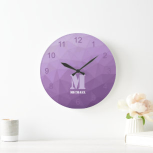 Purple lavender Geometry Mesh Pattern Monogram Large Clock