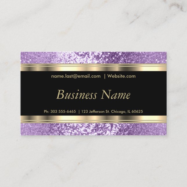 Purple Lavender Glitter and Elegant Gold  Business Card (Front)