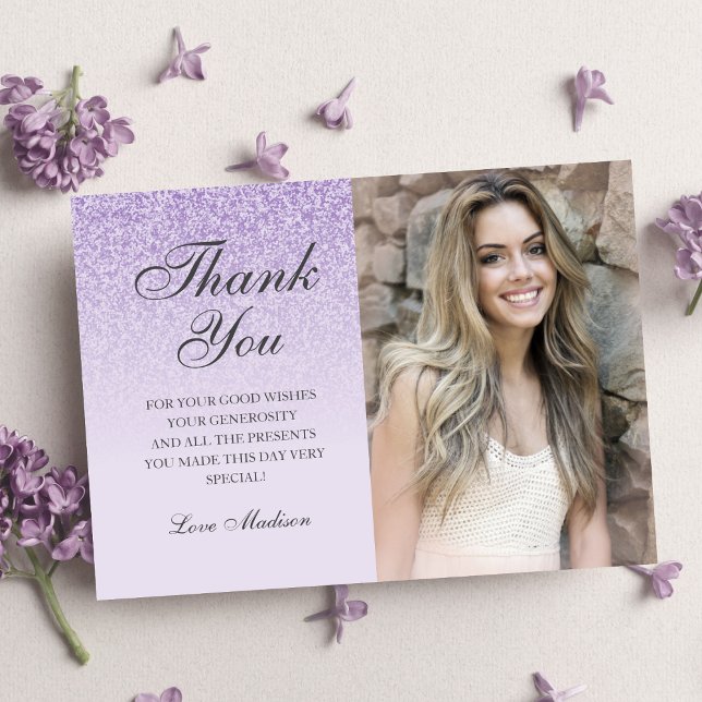 Purple lavender glitter photo thank you Sweet 16 Card (Creator Uploaded)